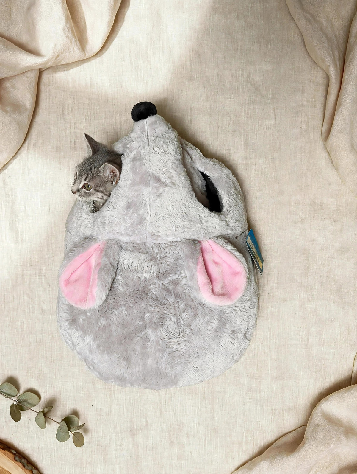Gray mouse-shaped plush cat cave bed with a kitten peeking out