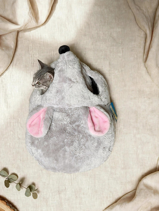 Gray mouse-shaped plush cat cave bed with a kitten peeking out